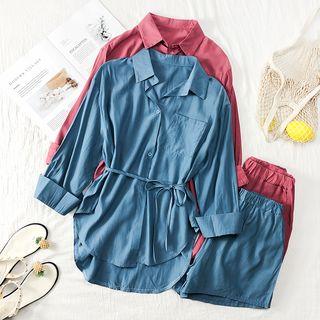 Set: Long-sleeved Plain Shirt With Sash + Shorts