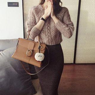 Set: Crew-neck Cable Knit Sweater + Midi Knitted Skirt