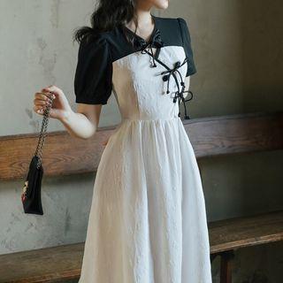 Mock Two-piece Puff-sleeve Bow Midi A-line Dress