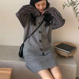Crew-neck Knit Vest / High Waist Knit Skirt / Plaid Shirt / Set
