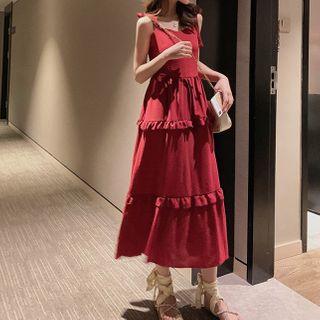 Ruffle Trim Sleeveless Mid A-line Dress