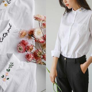 Embroidered-collar Plain Shirt