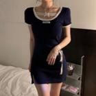 Short-sleeve Bow-accent Mini Bodycon Dress Blue - One Size