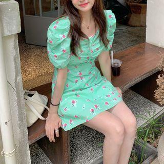 Rose Printed Ruched Short-sleeve Dress As Shown In Figure - One Size