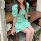 Rose Printed Ruched Short-sleeve Dress As Shown In Figure - One Size