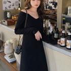 Plain Off-shoulder Long-sleeve Slim-fit Knit Dress