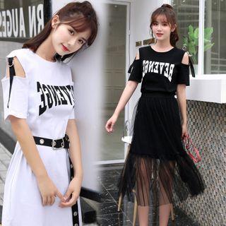 Set: Short-sleeve Cold Shoulder T-shirt Dress + Mesh A-line Midi Skirt