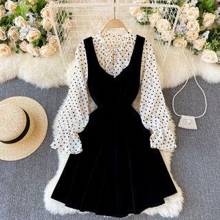Set: Dot Print Blouse + Sleeveless Mini Dress