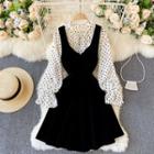 Set: Dot Print Blouse + Sleeveless Mini Dress