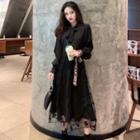 Long-sleeve Lace Panel Midi A-line Dress Black - One Size