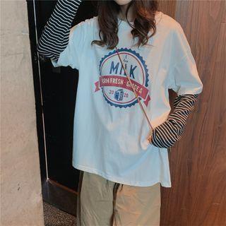Mock Two-piece Striped Panel Printed T-shirt
