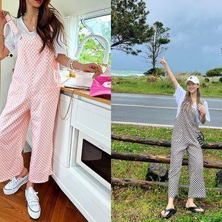 Checkered Wide-leg Overall Pants