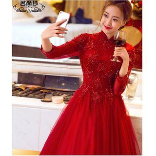 Open Back 3/4 Sleeve Evening Gown