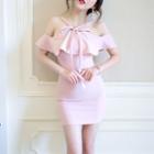 Halter-neck Bow Cold-shoulder Mini Bodycon Dress