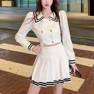 Contrast Trim Cropped Blouse / Pleated Mini A-line Skirt