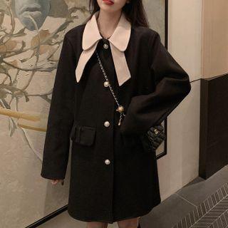 Lapel Contrast Trim Pocket-detail Long-sleeve Coat Black - One Size