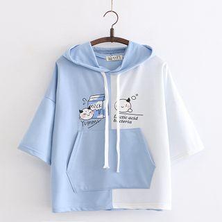 Set: Color Block Hooded Short-sleeve T-shirt + Drawstring Straight-cut Jeans