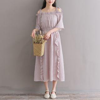 Plaid Elbow-sleeve Cold Shoulder A-line Dress
