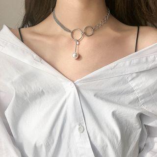Faux Pearl Rhinestone Pendant Necklace Silver - One Size
