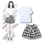 Elbow-sleeve Letter T-shirt / Plaid Shorts