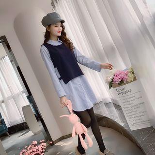 Set: Pinstriped Long-sleeve Shirt Dress + Vest