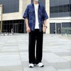 Short-sleeve Plaid Shirt / T-shirt / Wide Leg Pants / Sneakers / Set