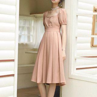 Elbow-sleeve Pleated Midi A-line Dress