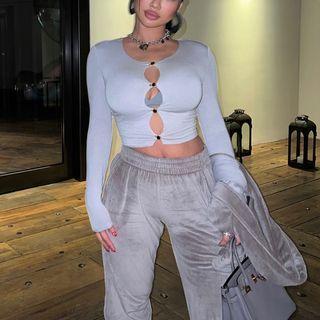 Long-sleeve Rhinestone Cut-out Cropped T-shirt