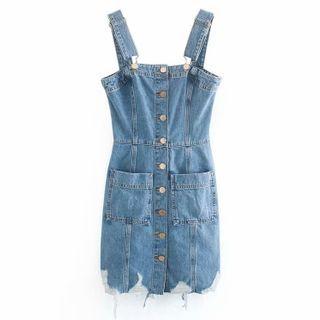 Distressed Mini Denim Pinafore Dress