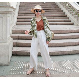 Paperbag-waist Linen Blend Wide-leg Pants