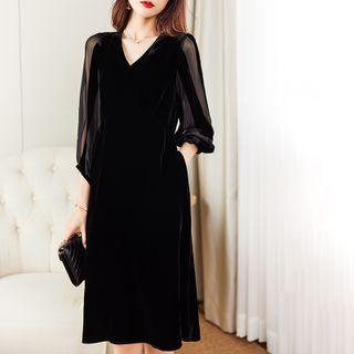 3/4-sleeve Mesh Panel Velvet A-line Dress