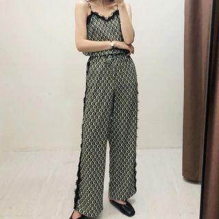 Spaghetti Strap Lace Trim Patterned Top / Wide-leg Pants