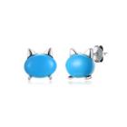 925 Sterling Silver Simple Cat Turquoise Stud Earrings Silver - One Size