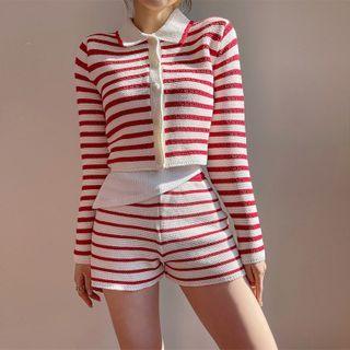 Collared Stripe Cropped Cardigan