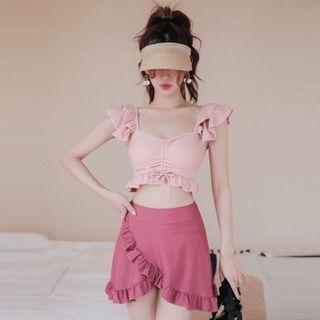 Set: Cap-sleeve Ruffled Tankini Top + Swim Skirt