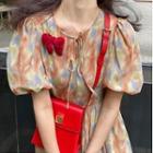 Puff-sleeve Tie-dye Midi A-line Dress