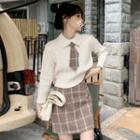 Plaid Tie / Collared Knit Top / Mini Skirt