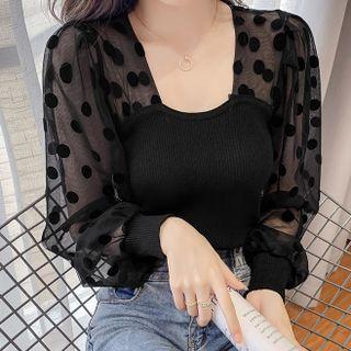 Dotted Mesh Panel Knit Top