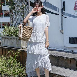 Elbow-sleeve Polka Dot Crinkled Midi Tiered Dress