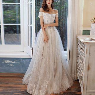 Off-shoulder Sequined Glitter A-line Evening Gown