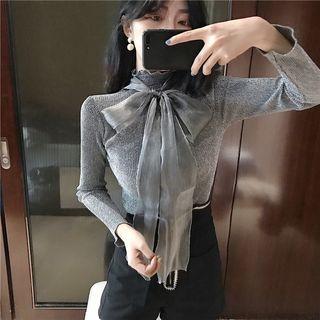 Bow Accent Long-sleeve Glitter Top