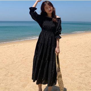 3/4-sleeve Frill Trim Patterned A-line Midi Dress