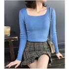 Long-sleeve Knit Top / Plaid Mini Skirt