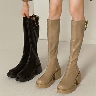 Chain Detail Platform Block Heel Knee High Boots