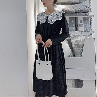 Long-sleeve Velvet Crochet Lace Collar Midi Dress