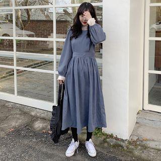 Bell-sleeve Ruffle Trim Blouse / Long-sleeve Plain A-line Dress