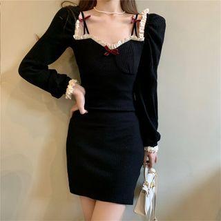 Long Sleeve Square Neck Lace Trim Dress