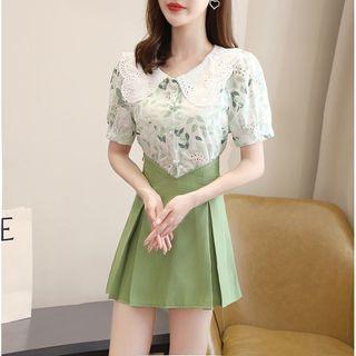 Set: Short-sleeve Eyelet Lace Blouse / Mini Skirt