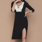 3/4-sleeve Contrast Color Cutout Midi Bodycon Dress