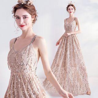 Spaghetti Strap Sequined A-line Gown